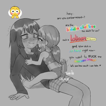 1futa 1girl absurdres age_difference english_text erection futanari grey_background greyscale highres loli long_hair monochrome onee-loli original panties pedophile penis pettankon ponytail precum reverse_upright_straddle sex sex_from_behind spot_color straddling underwear