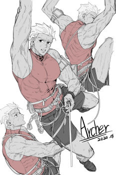 1boy 5_horulu archer_(fate) climbing fate/stay_night fate_(series) highres large_pectorals male_focus monochrome muscular muscular_male pectorals solo spiked_hair white_hair