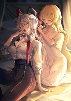 2girls alternate_costume bedroom black_eyes black_horns black_pants blonde_hair breasts button_gap closed_eyes collarbone collared_shirt commentary curled_horns dress english_commentary facing_another grey_hair hair_between_eyes hair_ornament high-waist_pants highres horns indoors large_breasts long_hair looking_at_viewer multiple_girls necktie on_bed one_eye_closed open_mouth pants phoebe_(wuthering_waves) red_eyes red_necktie redricewine shirt shirt_tucked_in sitting smile tight_clothes tight_pants undone_necktie very_long_hair white_dress white_shirt wuthering_waves x_hair_ornament yawning zani_(wuthering_waves)
