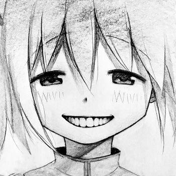 Rule 34 | 1girl, close-up, graphite (medium), greyscale, highres, kaname madoka, kansouki, light blush, mahou shoujo madoka magica, monochrome, realistic teeth, short hair, smile, solo, teeth, traditional media, twintails