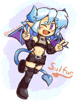 boots collar crop_top crossdressing demon demon_boy demon_horns demon_tail demon_wings detached_sleeves fang femboy horns kapus pointy_ears purple_eyes shota sulfur tail thigh_boots thong trap white_hair wings