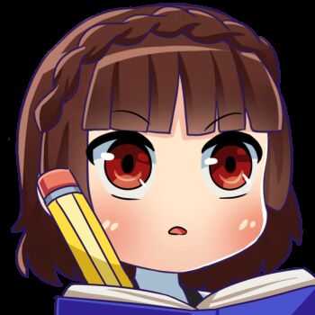 1girl ahcreator animated animated_gif blinking blunt_bangs blush book braid brown_hair holding holding_pencil looping_animation niijima_makoto no_nose nodding open_book open_mouth parted_lips pencil persona persona_5 portrait red_eyes shirt short_hair simple_background solo transparent_background white_shirt writing