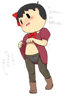 1boy black_hair blush bulge child clothes_lift crossdressing dress dress_lift embarrassed kasugai_(de-tteiu) male_focus mother_(series) mother_2 ness_(mother_2) nintendo panties pantyhose penis shota source_request sweat sweatdrop tagme testicles tighs translation_request underwear