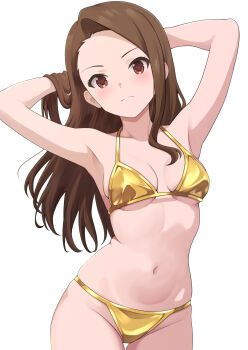 1girl armpits arms_behind_head bikini breasts brown_eyes brown_hair closed_mouth commentary_request cowboy_shot gold_bikini highres houki_(tonburi) idolmaster idolmaster_(classic) light_blush long_hair looking_at_viewer medium_breasts minase_iori navel simple_background smile solo standing swimsuit thigh_gap toned white_background