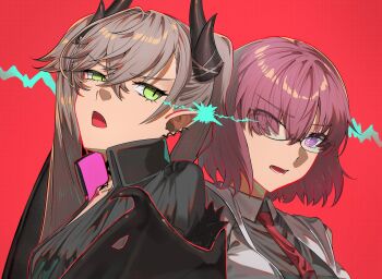 2girls angry bat_wings breasts demon_horns dora_(jcyw8334) earrings fangs fate/grand_order fate_(series) glasses green_eyes highres horns jacket jewelry lightning_glare lilith_(fate) lilith_(second_ascension)_(fate) mash_kyrielight multiple_girls necktie open_clothes open_jacket open_mouth purple_eyes short_hair sparks tattoo twintails white_hair wings