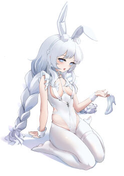 1girl absurdres animal_ears azur_lane high_heels highres holding holding_shoes holding_unworn_clothes le_malin_(azur_lane) le_malin_(listless_lapin)_(azur_lane) loli playboy_bunny rabbit_ears shoes single_shoe unworn_shoes white_hair yunmo_(znfc8352)