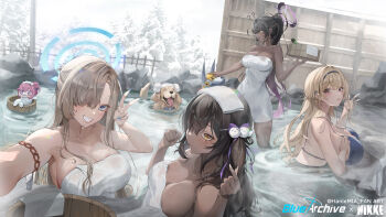 4girls :3 ? ?? absurdres armband armpit_crease artist_name asuna_(blue_archive) bathing bikini black_hair black_halo blonde_hair blue_archive blue_bikini blue_eyes blue_halo blue_nails blush bottle bow breasts brown_hair bucket chibi cleavage collar collarbone commentary_request copyright_logo crossover dark-skinned_female dark_skin dazzling_pearl_(nikke) dog doro_(nikke) english_text fence finger_heart goddess_of_victory:_nikke gradient_hair grin hair_bow hair_intakes hair_ornament hair_over_one_eye hairclip halo hanlemia headband highres holding holding_bucket karin_(blue_archive) korean_commentary logo long_hair looking_at_viewer lying mole mole_on_breast multicolored_hair multiple_girls naga_(nikke) naked_towel non-humanoid_robot onsen orange_eyes partially_submerged petting pink_hair ponytail purple_hair purple_halo robot robot_animal robot_dog same-sex_bathing shared_bathing smile snow sweatdrop swimsuit tia_(nikke) towel towel_on_head tree v volt_(nikke) wooden_bucket yellow_eyes