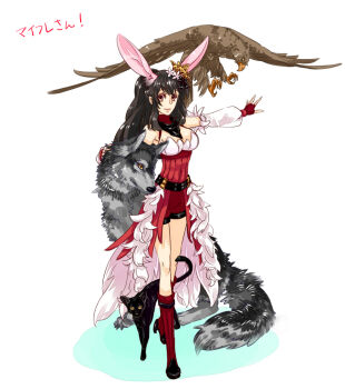Rule 34 | 1girl, animal ears, bandana, bird, black bandana, black cat, black hair, boots, breasts, brown eyes, cat, closed mouth, commentary request, corset, detached sleeves, fake animal ears, fingerless gloves, full body, gloves, hawk, long hair, looking at viewer, medium breasts, official alternate costume, rabbit ears, ragnarok online, ranger (ragnarok online), red boots, red corset, red gloves, red shorts, shorts, simple background, smile, solo, standing, toriria, white background, white sleeves, wolf