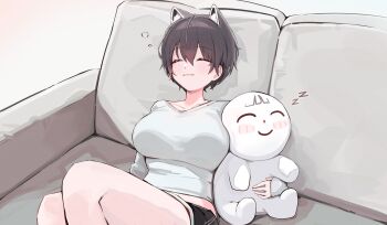 Rule 34 | 1girl, absurdres, alternate costume, animal ear fluff, animal ears, black hair, black shorts, blue archive, blush, blush stickers, breasts, closed eyes, commentary request, couch, doodle sensei (blue archive), highres, holding, holding stuffed toy, indoors, large breasts, long sleeves, lying, no halo, on couch, raccoon ears, raccoon girl, sensei (blue archive), shirt, short hair, shorts, sleeping, smile, solo, stuffed animal, stuffed toy, thighs, tsubaki (blue archive), white shirt, ximgyeon, zzz