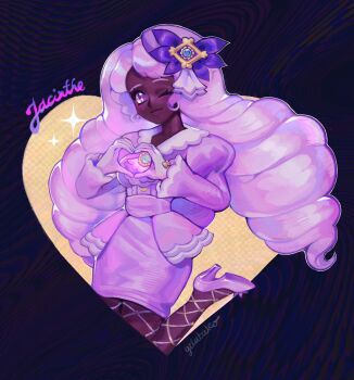 1girl ascot bow brooch character_name dark-skinned_female dark_skin dress fascinator fishnet_pantyhose fishnets frilled_ascot frilled_dress frills gelatako glove_bow gloves heart heart_background heart_hands high_heels highres jacinthe_(pokemon) jewelry juliet_sleeves leg_up long_hair long_sleeves looking_at_viewer low_drills mega_stone nintendo one_eye_closed pantyhose pokemon pokemon_legends:_z-a puffy_sleeves purple_dress purple_eyes purple_hair purple_shoes shoes standing standing_on_one_leg very_dark_skin white_gloves yellow_bow