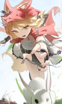 1girl absurdres animal_ears arknights arknights:_endfield blonde_hair commentary cryne ears_through_headwear fingerless_gloves gloves highres hood open_mouth rossi_(arknights) tail wolf_ears wolf_girl wolf_tail yellow_eyes