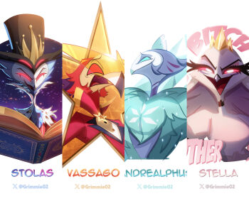 1girl 3boys :d absurdres andrealphus_(helluva_boss) artist_name beak bird_boy bird_girl black_hat blue_eyes blue_hair book breasts cape character_name colored_sclera cropped_torso crown demon_boy english_text furry furry_female furry_male glowing glowing_eyes grimmie02 hair_slicked_back hat hellaverse helluva_boss highres jacket juliet_sleeves long_sleeves male_focus medium_breasts multiple_boys open_book open_mouth puffy_sleeves red_cape red_eyes red_hair red_jacket red_sclera shirt short_hair simple_background smile star_(symbol) stella_(helluva_boss) stolas_(helluva_boss) tongue top_hat upper_body vassago_(helluva_boss) white_background white_eyes white_shirt