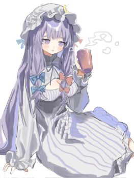 1984_(cw1000110) 1girl blue_bow bow breasts cleavage cleavage_cutout clothing_cutout crescent crescent_hat_ornament cup dress hair_bow hat hat_ornament highres holding holding_cup long_hair long_sleeves looking_at_cup medium_breasts mob_cap multiple_hair_bows open_mouth patchouli_knowledge purple_eyes purple_hair red_bow sidelocks sitting solo striped_clothes striped_dress touhou vertical-striped_clothes vertical-striped_dress very_long_hair white_hat