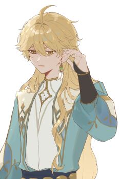 1boy aether_(genshin_impact) aether_(knight_of_flowers)_(genshin_impact) ahoge belt black_belt black_gloves blonde_hair blue_jacket bracelet brown_eyes closed_mouth commentary_request dashi_oeuf earrings fingerless_gloves fingernails genshin_impact gloves gold_bracelet gold_trim hair_between_eyes hand_up highres jacket jewelry long_hair long_sleeves looking_to_the_side male_focus official_alternate_costume official_alternate_hairstyle open_clothes open_jacket puffy_long_sleeves puffy_sleeves shirt simple_background single_earring single_sidelock solo upper_body wavy_hair white_background white_shirt