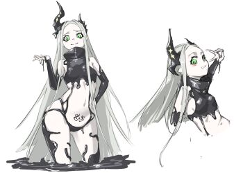 1girl bare_shoulders black_horns black_liquid breasts forehead goddess_of_victory:_nikke green_eyes grey_hair highres horns leviathan_(nikke) liquid_clothes long_hair looking_at_viewer navel pointy_ears pubic_tattoo simple_background small_breasts smile suto_(sutttttto) tattoo thick_thighs thighs v white_background