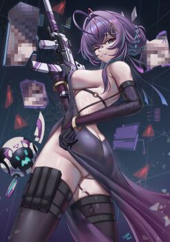 1girl absurdres ammunition_pouch antenna_hair ass backless_dress backless_outfit bandaid bandaid_on_face bandaid_on_nose blue_hair bracelet braid braided_bun breasts butt_crack caiman_pool censored commission dress egg_vibrator elbow_gloves gloves gold_bracelet gun hair_bun hair_intakes hair_ornament highres holding holding_gun holding_weapon indie_virtual_youtuber jewelry looking_at_viewer melody_(projektmelody) mosaic_censoring multicolored_hair one_eye_closed pouch purple_hair rotor sex_toy sideboob smile streaked_hair t0m_(projektmelody) thigh_strap triangle_hair_ornament trigger_discipline vibrator virtual_youtuber watermark weapon