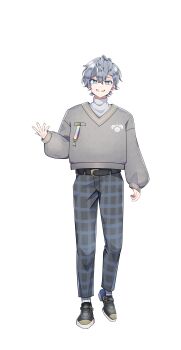 Rule 34 | 1boy, absurdres, artist request, belt, black belt, colorful peach, full body, grey eyes, grey hair, grey pants, grey sweater, hair ornament, hairclip, highres, hiro (colorful peach), looking at viewer, male focus, official art, pants, plaid clothes, plaid pants, shoes, short hair, simple background, smile, solo, standing, sweater, transparent background