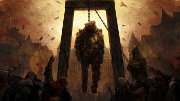 1boy 6+others absurdres backlighting bird brown_theme crow death dung_eater_(elden_ring) elden_ring execution executioner feathers flag hanged hanging hidetaka_miyazaki highres house multiple_others public_indecency ray_of_grace thibson34