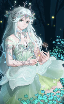 Rule 34 | 1girl, aqua eyes, aqua flower, butterfly hair ornament, circlet, closed mouth, collar, collarbone, commentary request, cowboy shot, detached collar, dress, expressionless, eyelashes, fairy, fireflies, flower, forest, forest ripple (infinity nikki), green dress, hair ornament, highres, holding, holding jar, infinity nikki, jar, jewelry, jiumo (pixiv 32921912), light frown, lips, long hair, long sidelocks, looking at viewer, nature, necklace, night, nikki (series), outdoors, pointy ears, pointy nose, short dress, sidelocks, sitting, sleeveless, sleeveless dress, solo, very long hair, wavy hair, white collar, white hair