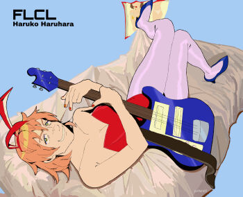 Rule 34 | 1girl, absurdres, animal ears, artist name, bed, blue background, breasts, character name, cleavage, copyright name, electric guitar, fake animal ears, flcl, full body, guitar, haruhara haruko, highres, holding, holding guitar, holding instrument, instrument, juchara33, large breasts, leotard, looking at viewer, magazine (object), on bed, pantyhose, purple hair, red leotard, red nails, short hair, smile, solo, white pantyhose, yellow eyes