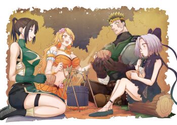 1boy 3girls absurdres anemone_(kizetsu_yuusha) bare_legs bare_shoulders black_dress black_hair blonde_hair blush breasts camping chapter_cover ciel_(kizetsu_yuusha) cover dress eating flower forest goa_(kizetsu_yuusha) highres k_setsuda kizetsu_yuusha_to_ansatsu_hime large_breasts multiple_girls nature navel official_art orange_shirt scar scar_on_face shirt side_slit sitting strapless toto_(kizetsu_yuusha) tube_top wooden_bowl