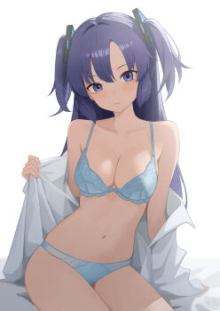 1girl blue_archive blue_bra blue_panties bra collared_shirt commentary_request expressionless hair_ornament highres looking_at_viewer navel no_pants open_clothes open_shirt panties purple_eyes purple_hair remon_popu shirt sitting solo triangle_hair_ornament two_side_up underwear white_background white_shirt yuuka_(blue_archive)