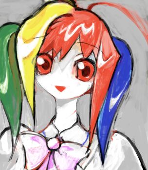 1girl ahoge blonde_hair blue_hair bow colored_skin green_hair multicolored_hair original painterly red_eyes red_hair smile solo white_skin yogurt200