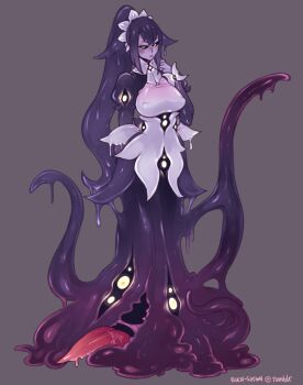 1girl apron artist_name bad_id bad_tumblr_id black_sclera breasts colored_sclera eldritch_abomination extra_tongue female_focus gyarusatan large_breasts looking_at_viewer maid maid_headdress monster_girl monster_girl_encyclopedia monster_girl_encyclopedia_ii shoggoth_(monster_girl_encyclopedia) slime_(substance) solo tentacles uniform yellow_eyes