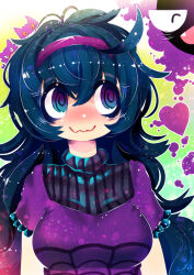 Rule 34 | 1girl, @ @, ahoge, black frills, black hair, black sweater, blue eyes, blush, breasts, closed eyes, closed mouth, creatures (company), curly hair, dress, facing viewer, fang, frilled dress, frilled sleeves, frills, game freak, gas, gastly, gen 1 pokemon, gengar, ghost, green background, grin, hair between eyes, hairband, hakkasame, happy, haunter, headband, heart, hex maniac (pokemon), long hair, looking at animal, looking at another, looking to the side, looking up, medium breasts, multicolored eyes, nintendo, open mouth, pokemon, pokemon (creature), pokemon xy, purple dress, purple eyes, purple hairband, purple headband, ringed eyes, short sleeves, simple background, skin fang, smile, spider web print, sweater, tagme, teeth, turtleneck, turtleneck sweater, upper body, wavy mouth, wide-eyed