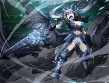 1girl absurdres armor armored_boots armored_dress black_boots black_capelet black_clover black_gloves black_wings boots breasts capelet colorized completely_nude dress female_focus gloves grey_hair highres holding holding_weapon horns large_breasts legs long_hair manga_illustration microskirt midriff miniskirt navel no_bra noelle_silva nude official_art open_mouth overskirt purple_eyes sexually_suggestive skirt solo solo_focus stomach tabata_yuuki teeth thigh_boots thighhighs thighs twintails weapon white_skirt wings zettai_ryouiki