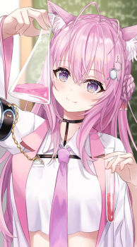 1girl :3 animal_ear_fluff animal_ears antenna_hair blurry blurry_background braid chalkboard chemical_structure collared_shirt crop_top flask hair_between_eyes hair_ornament hair_ribbon hakui_koyori hakui_koyori_(1st_costume) highres holding holding_test_tube hololive kiukoma liquid necktie pink_hair pink_necktie purple_eyes red_ribbon ribbon shirt solo stopwatch test_tube upper_body virtual_youtuber watch white_shirt wolf_ears wolf_girl