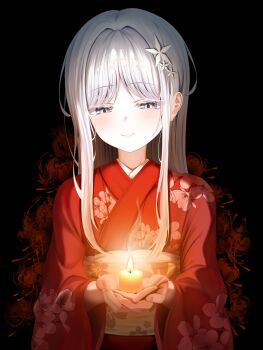 Rule 34 | 1girl, alternate costume, blue archive, blush, candle, closed mouth, floral print, floral print kimono, grey sash, hair ornament, highres, holding, holding candle, japanese clothes, kimono, kuinanoda, long hair, nagusa (blue archive), obi, parted bangs, print kimono, red kimono, sash, sidelocks, smile, snowflake hair ornament, solo, white eyes, white hair