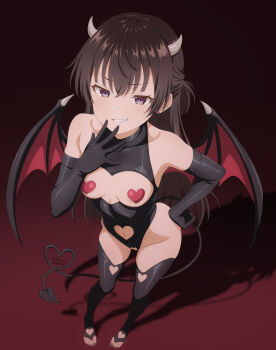 1girl absurdres audirenze black_hair black_thighhighs breast_cutout breasts clothing_cutout commentary crotch_cutout demon_girl demon_horns demon_tail demon_wings elbow_gloves from_above gloves grin hand_on_own_hip hand_up heart heart_cutout heart_pasties highleg highleg_leotard highres horns leotard long_hair looking_at_viewer medium_breasts navel navel_cutout pasties purple_eyes pussy_cutout red_background shadow smile solo standing suou_yuki tail thighhighs tokidoki_bosotto_roshia-go_de_dereru_tonari_no_alya-san wings