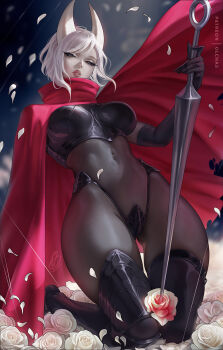 Rule 34 | 1girl, black bodystocking, black gloves, breasts, cloak, covered navel, elbow gloves, flower, gloves, grey eyes, high collar, highres, holding, holding weapon, hollow knight, hollow knight: silksong, hornet (hollow knight), horns, humanization, kneeling, large breasts, lips, needle (hollow knight), olchas, paid reward available, patreon username, red cloak, short hair, solo, weapon, white hair