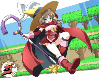 1girl :o arm_up belt belt_buckle black_belt black_cape black_socks blue_eyes boots breasts brown_hair buckle cape character_name cleavage commentary_request detached_sleeves f20_(funimaru) full_body genderswap genderswap_(mtf) glasses hair_tubes hand_on_headwear hat holding holding_staff long_hair medium_breasts miniskirt open_mouth red_boots red_cape red_shirt red_skirt red_sleeves round_eyewear shirt sidelocks skirt socks solo staff strapless strapless_shirt tree witch witch_hat wiz_(game) wiz_(taito) yellow_hat