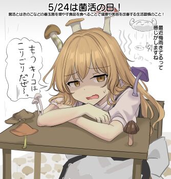 1girl absurdres blonde_hair commentary_request crossed_arms highres kirisame_marisa long_hair looking_at_viewer mushroom mushroom_on_head open_mouth shaded_face short_sleeves solo speech_bubble touhou translation_request yellow_eyes youyume-kun