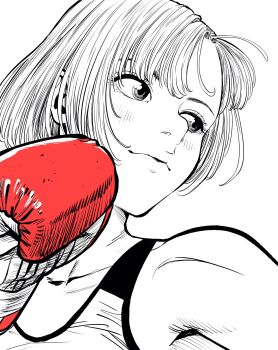 1girl boxing_gloves commentary_request eyebrows_hidden_by_hair gloves hatching_(texture) highres lee_(dragon_garou) monochrome original portrait red_gloves short_hair smile solo sports_bra spot_color
