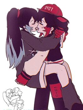 2girls baseball_cap black_hair black_jacket black_pants carrying closed_eyes commentary drill_hair french_kiss hat hatsune_miku highres jacket kasane_teto kiss lod_(lodddd) long_hair multiple_girls open_mouth pants red_hat simple_background sweat twin_drills untranslatable_commentary utau vocaloid white_background white_sleeves yararara_(synthesizer_v) yuri
