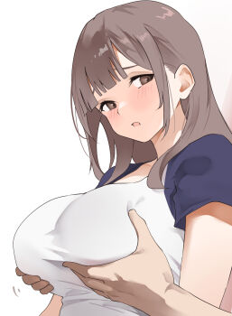 1boy 1girl blunt_bangs blush breast_lift breasts brown_eyes brown_hair commentary_request embarrassed grabbing_another's_breast grabbing_from_behind groping highres large_breasts looking_back momoking nipple_stimulation open_mouth original out_of_frame short_sleeves solo_focus