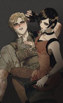 1boy 1girl ada_wong bare_shoulders black_choker black_gloves black_hair black_pantyhose blonde_hair blue_eyes blush breasts brown_eyes choker collared_shirt dress fingerless_gloves from_above gloves grey_background gun hand_on_another's_chest handgun hetero highres holding holding_gun holding_weapon leon_s._kennedy medium_breasts nul pantyhose parted_bangs parted_lips red_dress resident_evil resident_evil_2 resident_evil_2_(remake) shirt short_dress short_hair short_sleeves sleeveless sleeveless_dress straddling sweatdrop swept_bangs watch weapon wristwatch
