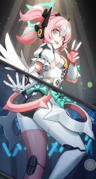 1girl ass blue_eyes blue_streaks bow breasts commentary_request cowboy_shot dress fingerless_gloves frilled_sleeves frills from_side gloves glowstick green_bow green_halo hair_between_eyes halo highres looking_at_viewer matsuhisa_(ryo-tsuda1) mechanical_arms mechanical_legs medium_breasts multicolored_hair open_mouth penlight_(glowstick) pink_gloves short_twintails sideboob single_fingerless_glove single_glove solo split_screen split_theme spotlight streaked_hair twintails w white_dress white_wings wings yutane_johiel zenless_zone_zero