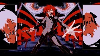 Rule 34 | 3boys, black coat, black eyes, blood, bloody knife, coat, coattails, commentary request, facial mark, fuji den fujiko, glasses, gloves, holding, holding knife, knife, legs apart, limited palette, long hair, looking at viewer, male focus, multiple boys, nyen (randal's friends), nyon (randal's friends), one eye closed, randal's friends, randal ivory, red hair, sharp teeth, standing, teeth, whisker markings