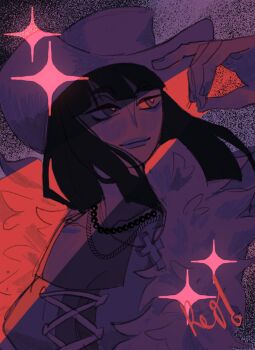 Rule 34 | 1girl, 2023, black hair, blunt bangs, breasts, cleavage, closed mouth, coat, commentary, cross-laced clothes, cross-laced top, fur-trimmed coat, fur trim, hat, highres, jewelry, long hair, looking to the side, necklace, nico robin, nico robin (alabasta), one piece, red eyes, red light, riicolato, smile, solo, sparkle, upper body