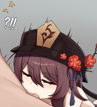 !? 1boy 1girl bippew black_hat brown_hair censored closed_eyes completely_nude fellatio flower genshin_impact hat hat_flower hat_tassel highres hu_tao_(genshin_impact) long_hair mosaic_censoring nude oral penis plum_blossoms porkpie_hat red_eyes twintails