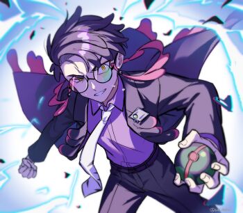 1boy arms_up black-framed_eyewear black_coat black_jacket black_pants clenched_hand coat collared_shirt commentary corbeau_(pokemon) debris dusk_ball electricity feet_out_of_frame floating_clothes glasses highres holding holding_poke_ball jacket long_sleeves looking_at_viewer male_focus nintendo open_clothes open_jacket pants parted_bangs poke_ball pokemon pokemon_legends:_z-a purple_hair purple_shirt round_eyewear shirt shirt_tucked_in short_hair slit_pupils smile solo symbol-only_commentary tassel un_tapoi wing_collar yellow_eyes