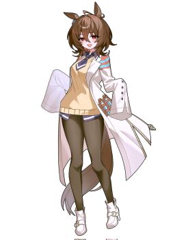 1girl agnes_tachyon_(tach-nology)_(umamusume) agnes_tachyon_(umamusume) ahoge animal_ears black_pantyhose breasts brown_hair coat collared_shirt commentary_request contrast_collar corrupted_twitter_file ear_ornament full_body grey_shirt hair_between_eyes hands_up highres horse_ears horse_girl horse_tail korean_commentary lab_coat long_sleeves looking_at_another medium_breasts necktie open_mouth pantyhose purple_necktie red_eyes s0u_xx shirt shoes simple_background sleeves_past_fingers sleeves_past_wrists solo standing standing_on_one_leg tail test_tube umamusume vest white_background white_coat white_shoes yellow_vest