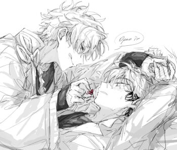 2boys :q arms_up blush english_text greyscale hand_grab holding_another&#039;s_wrist jacket japanese_clothes licking_lips long_sleeves looking_at_another lying male_focus monochrome multicolored_hair multiple_boys on_back peper_tyooo shiguang_dailiren short_hair sketch speech_bubble spot_color tongue tongue_out white_background xia_fei xiao_weiying yaoi