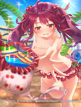 1girl bikini blush breasts chasing cherry_print copyright_notice covering_breasts covering_privates embarrassed food_print fruit_print hair_ornament long_hair nei_(z/x) official_art open_mouth outdoors outstretched_arm pink_bikini poolside red_eyes red_hair serino_itsuki small_breasts solo sparkle swimsuit twintails unworn_bikini_top wardrobe_malfunction water_slide waterpark z/x