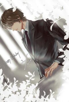 1boy black_jacket black_necktie black_suit blurry blurry_background brown_eyes brown_hair closed_mouth collared_shirt commentary_request dated death_note formal_clothes hair_between_eyes happy_birthday highres jacket looking_at_viewer male_focus necktie pan2ca shirt short_hair solo suit suit_jacket upper_body watch white_shirt wristwatch yagami_light