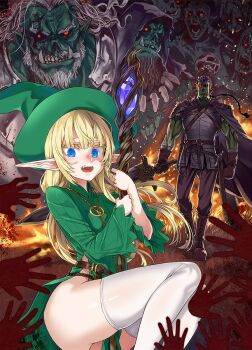 1girl 3boys armor asanagi baraben_(orc_eiyuu_monogatari) bash_(orc_eiyuu_monogatari) beard black_sclera blonde_hair blue_eyes boots braid cape colored_sclera cover cover_image cover_page dress elf facial_hair fang fire gandaguza_(orc_eiyuu_monogatari) gloves glowing glowing_eye green_dress handprint hat highres holding holding_staff holding_sword holding_weapon hood jewelry lich long_hair long_pointy_ears mage_staff multiple_boys necklace no_panties novel_cover official_art orc orc_eiyuu_monogatari pointy_ears red_eyes scar single_braid staff sword thighhighs thunder_sonia tooth_necklace tusks weapon white_hair white_thighhighs witch_hat zombie